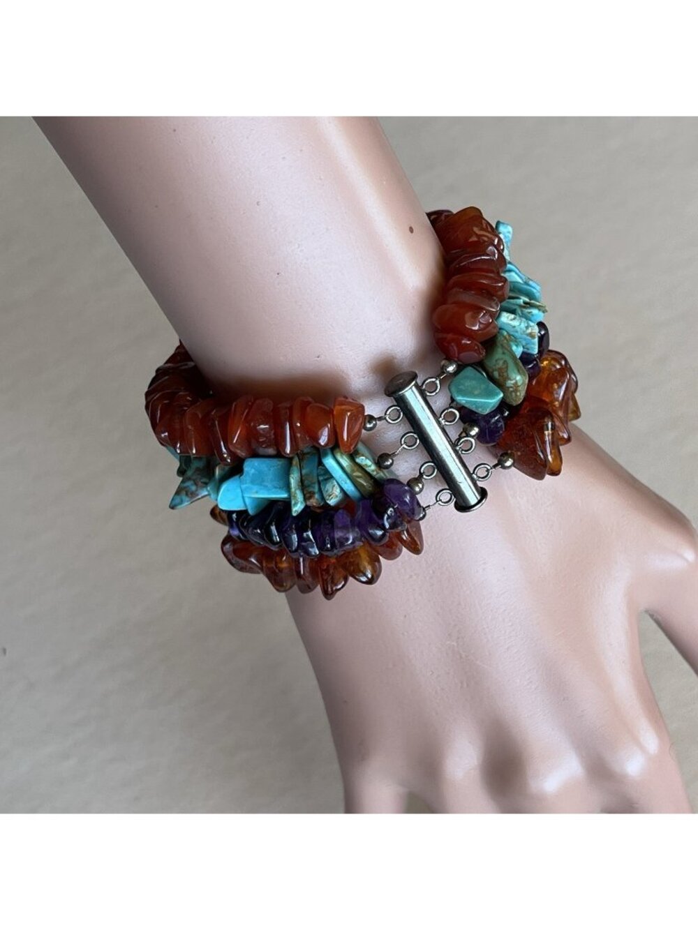 Multi Strand Gemstone Bracelet Slide Tube .925 Vintage Small Southwestern